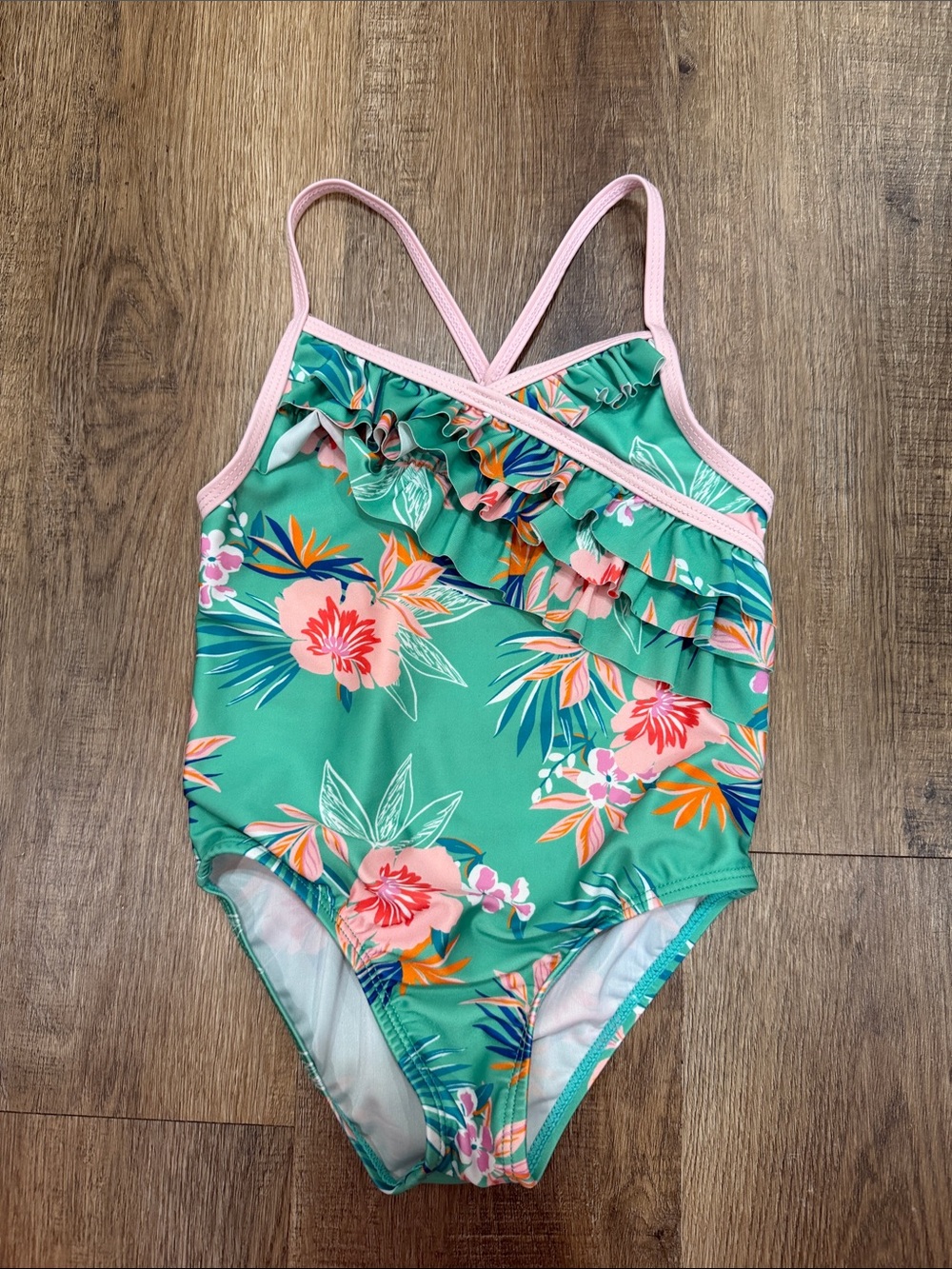 First Impressions,Girls' Green Tropical Floral Ruffle One-Piece Swimsuit